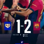 El Barcelona logra su tercera victoria consecutiva en Liga tras remontar en Vallecas con un gol decisivo de Dani Olmo.