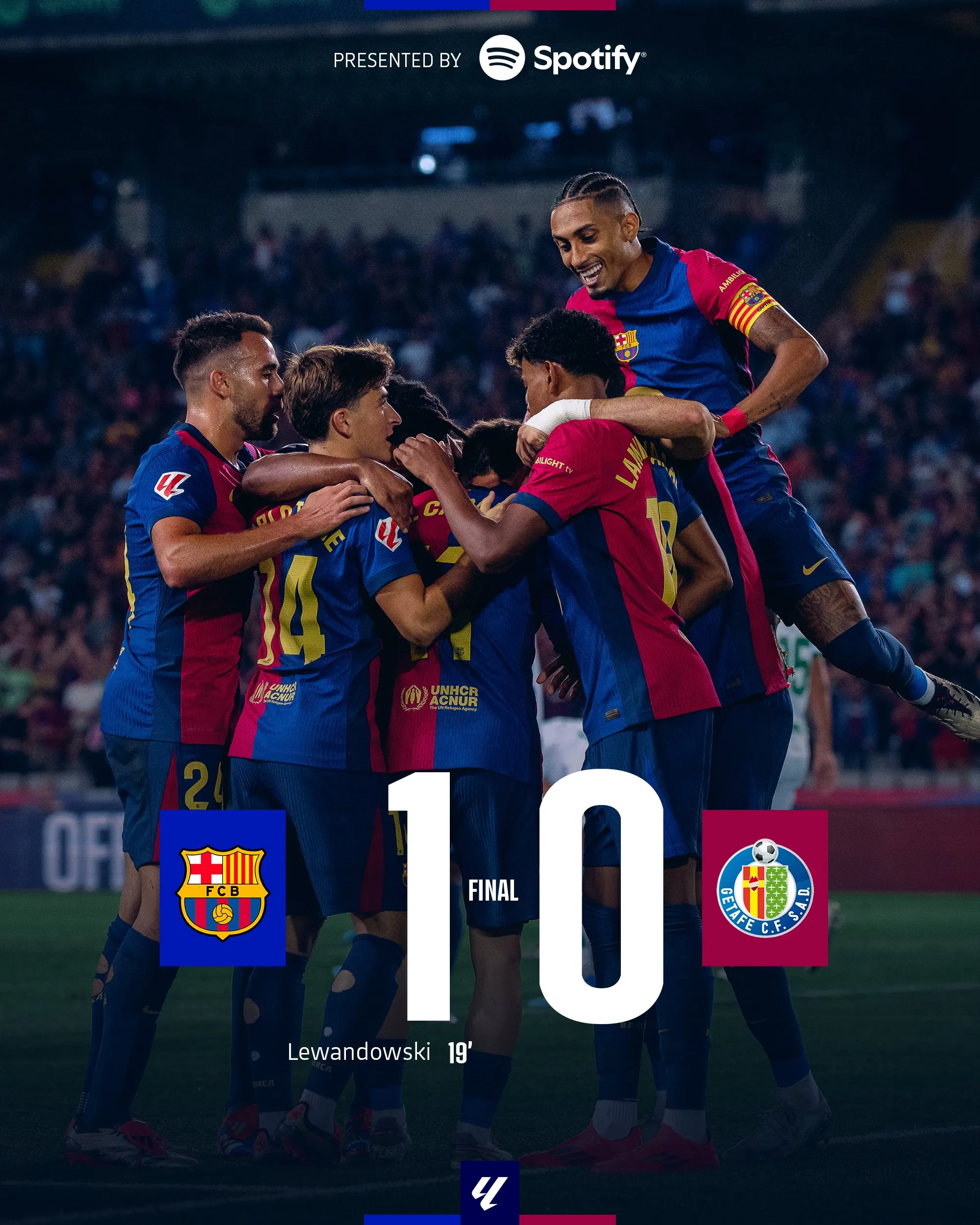 El Barcelona venció al Getafe por la mínima con un gol de Lewandowski en un partido gris. Séptima victoria consecutiva de los azulgranas.